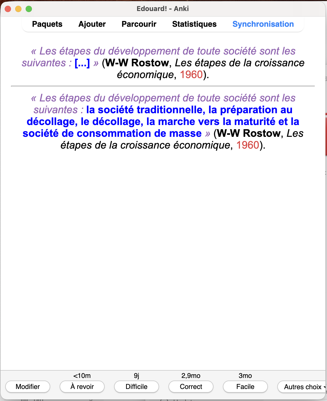 Carte Anki affichant la question et sa réponse détaillée